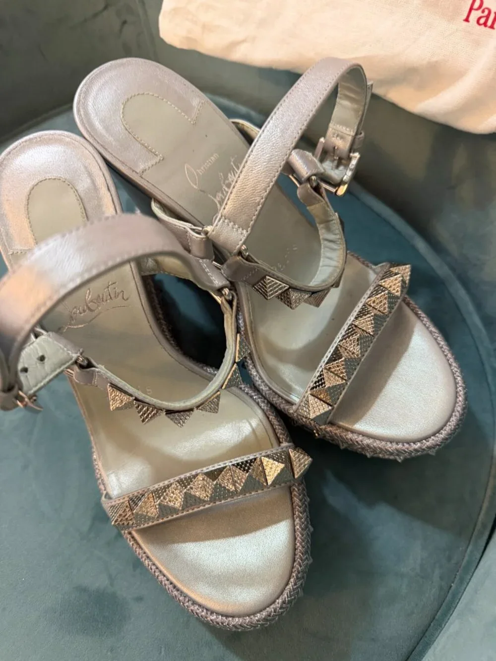 Christian Louboutin Silver Studded Espadrille Wedge Sandals Sz 35